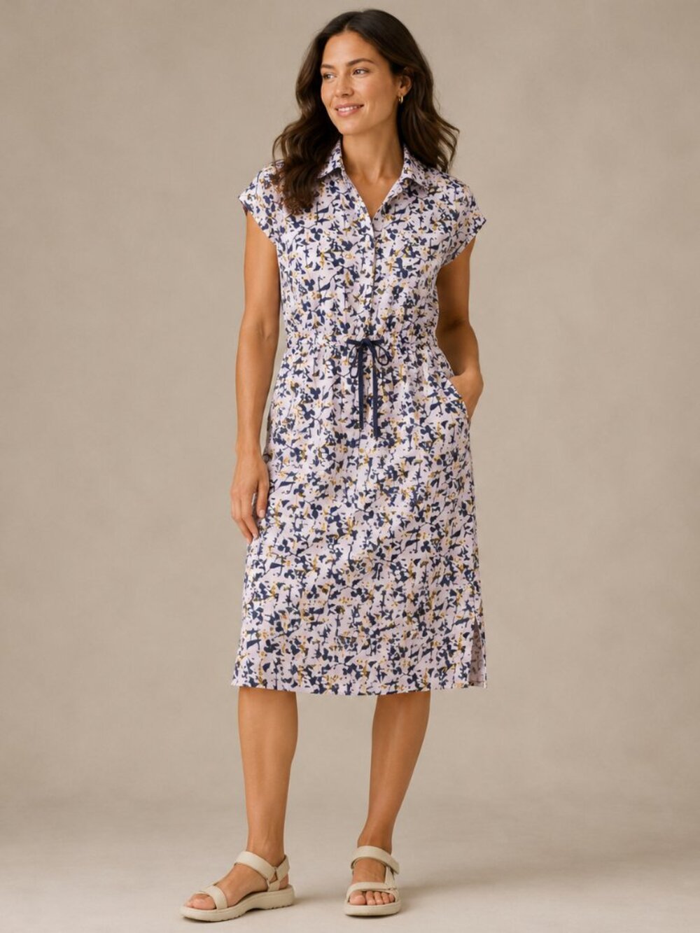 Floral Tie-Waist Shirt Dress in Navy and Cream